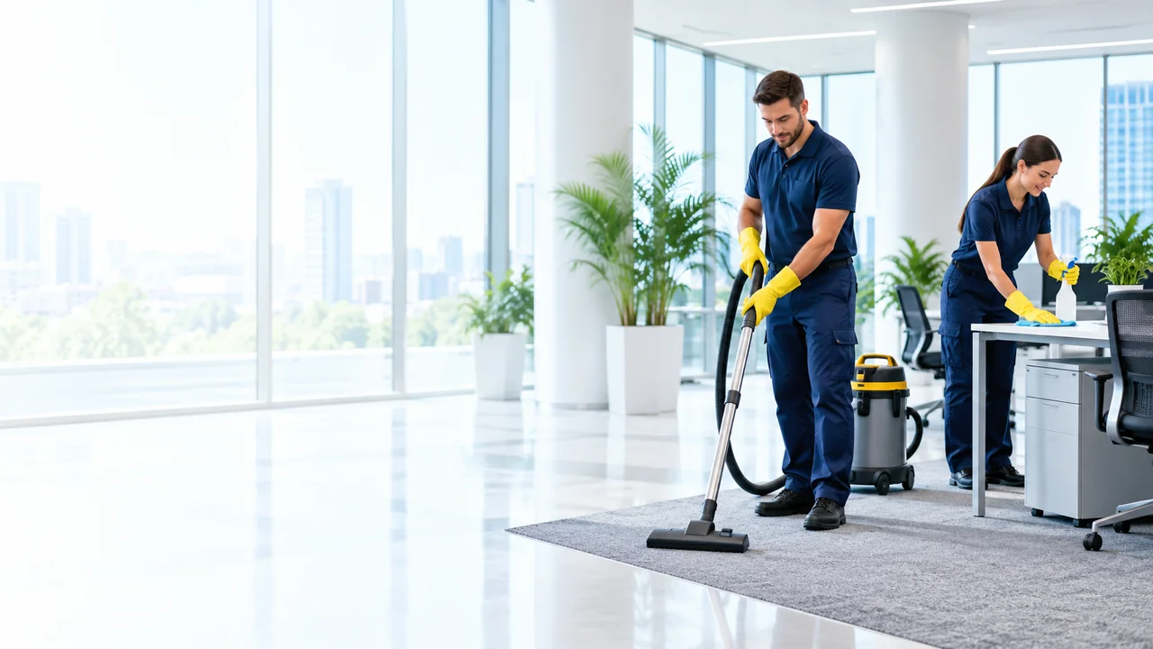 Екип на DELLA CLEANING почиства офис с прахосмукачка и забърсва бюро