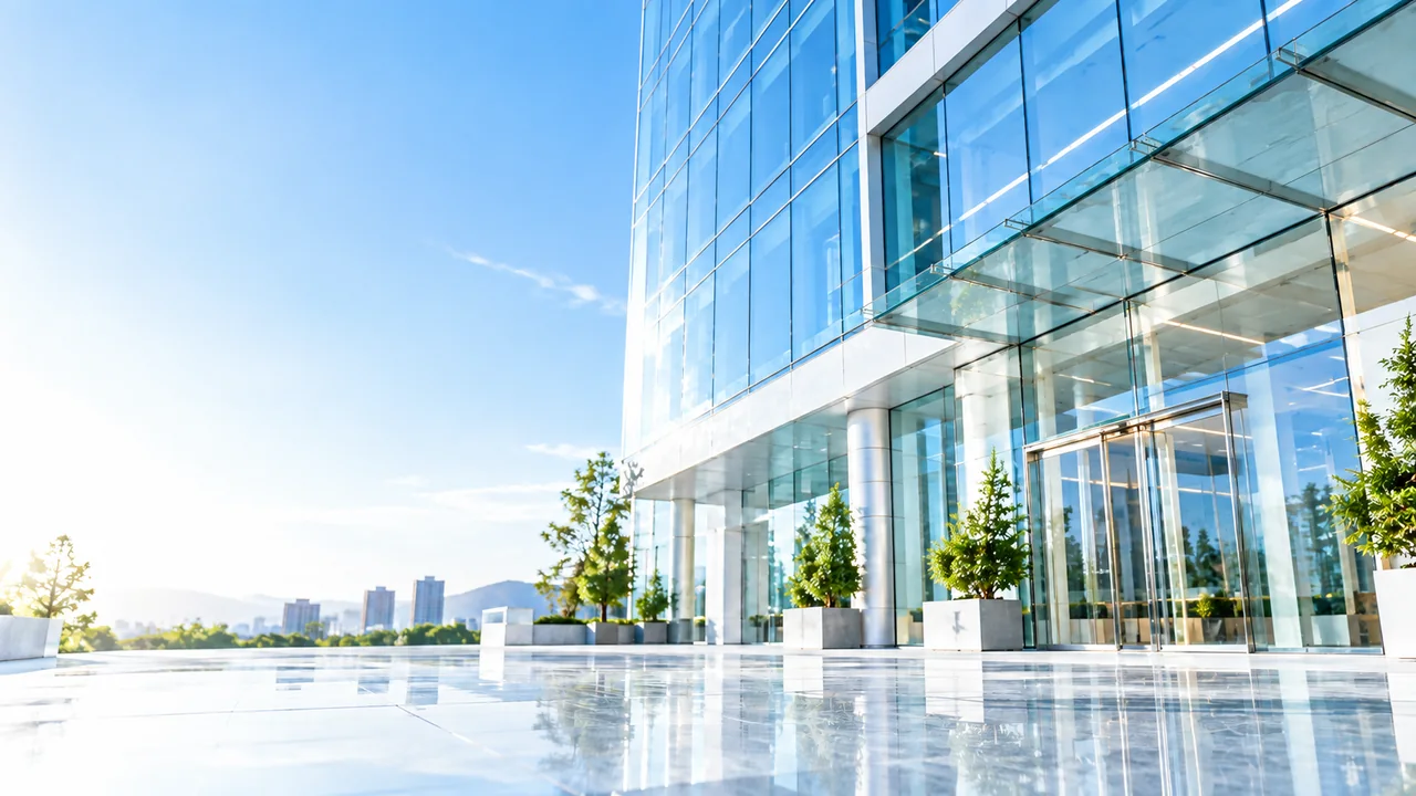 Modern glass office building under a blue sky