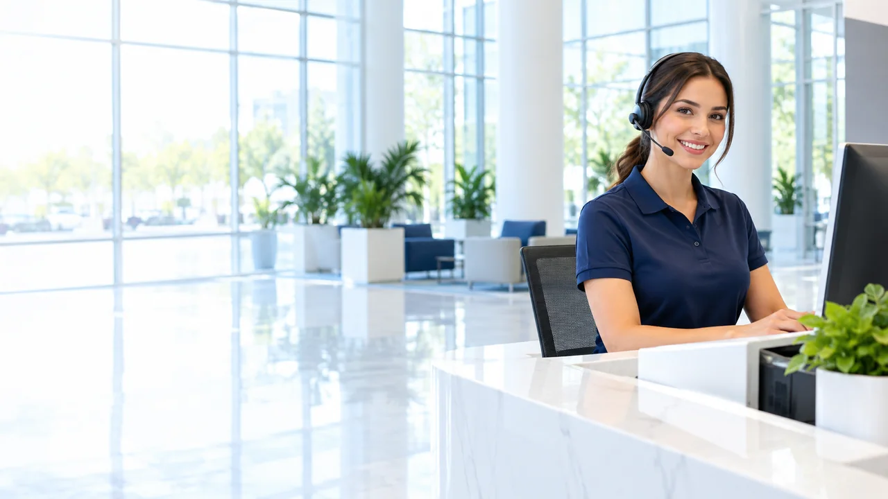 DELLA CLEANING coordinator with a headset at a reception desk